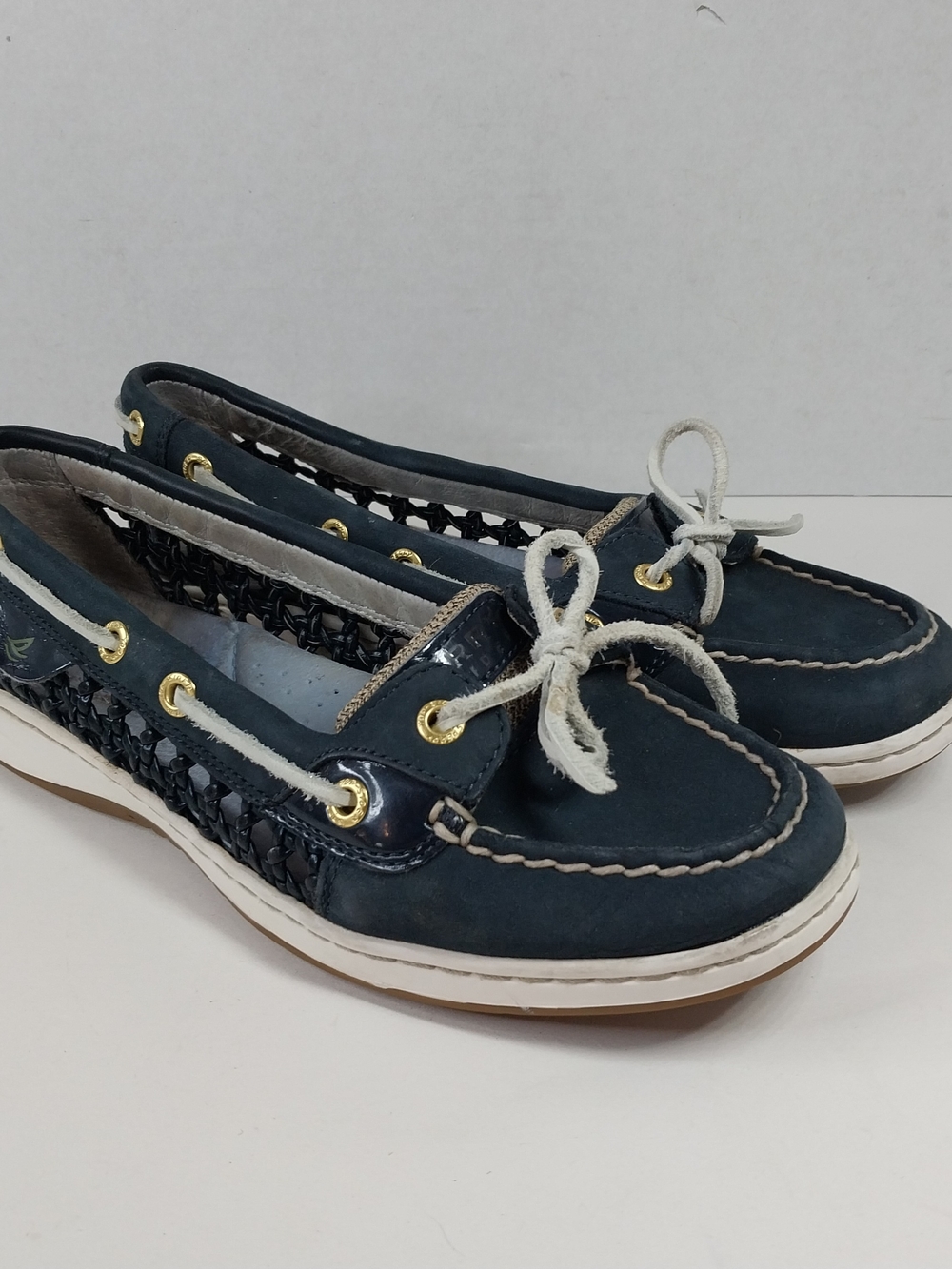 Sperry Top Siders Women's Navy Blue Woven Leather Boat Shoes Size 7.5 Nautical